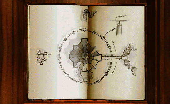 Screenshot of Myst, mechanical age journal depicting the islands/rotation surrounding the fortress.