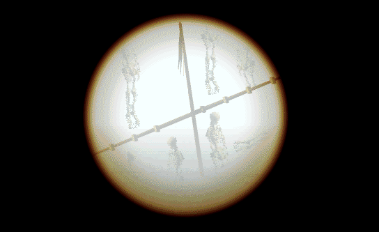 View through a telescope, showing a ship's mast and yard, with a skeleton in the upper left, two skeletons in the upper right, two skeletons in the lower right, and a skeleton next to a skeleton rotated 90 degrees.