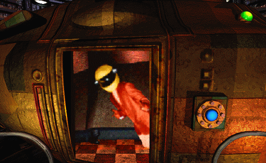 screenshot of the above, with the door open, and kraft punk leaning into frame from within