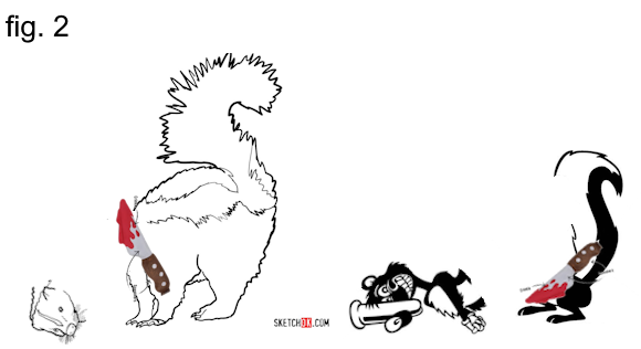 figure two: the normal skunk's head removed with the toy knife (and paint dot net lasso tool) and resting in front of the still upright body, and same with the cartoon skunk's midsection just above the legs and haunches and similarly flopped over