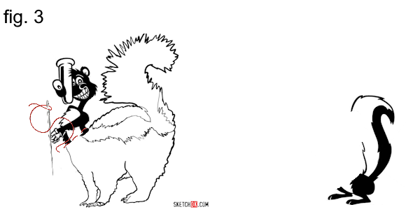 figure three: the cartoon skunk's upper half grafted to the normal skunk's lower half with crude connecting lines drawn and the clipart of the needle and thread put over the sections to be joined