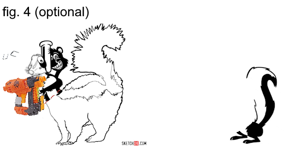 figure four, marked optional: a nerf nail gun and staples with the normal skunk's detached head grafted to the upper body, next to the original cartoon skunk's head (which is still wearing a clothespin